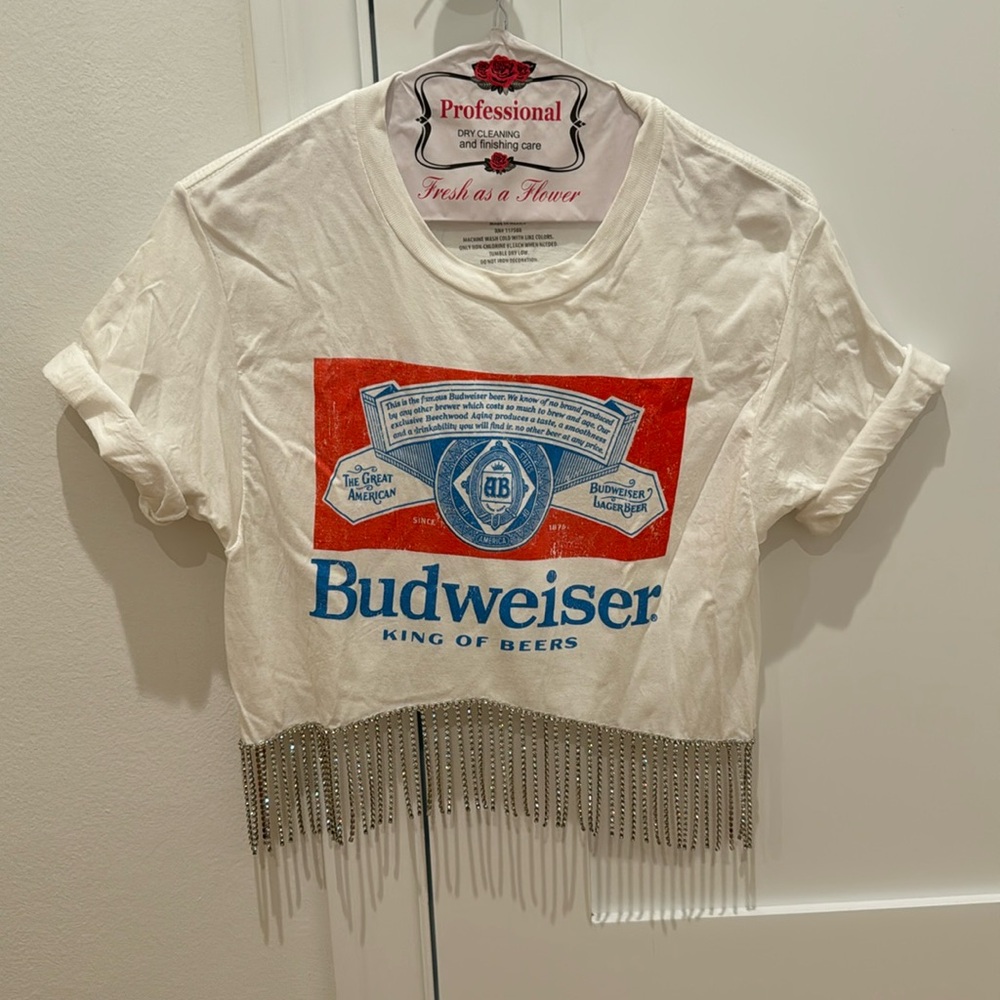 Budweiser White and Red Crop Top with Fringe